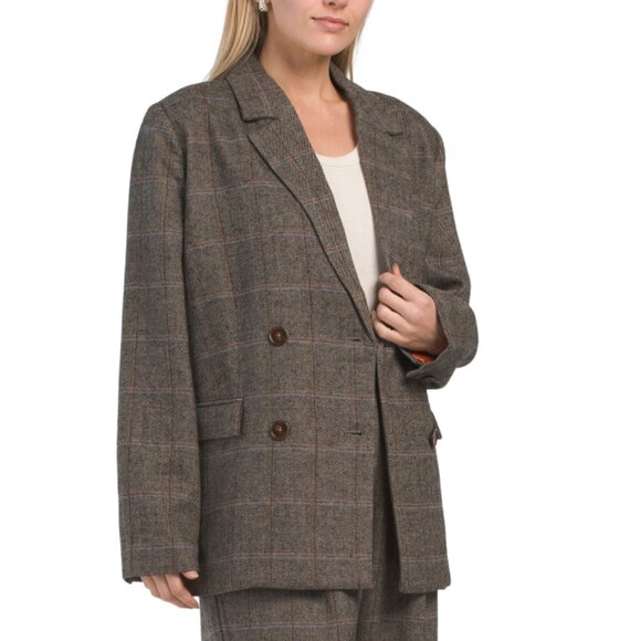 NVLT Taupe Double Breasted Plaid Blazer With Pockets